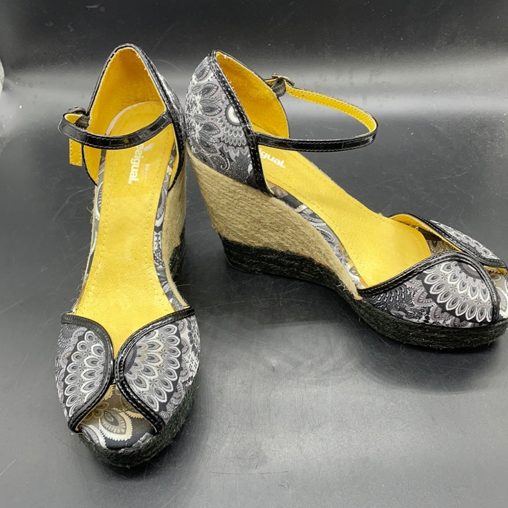 Desigual Black Wedge Peep Toe Sz 37